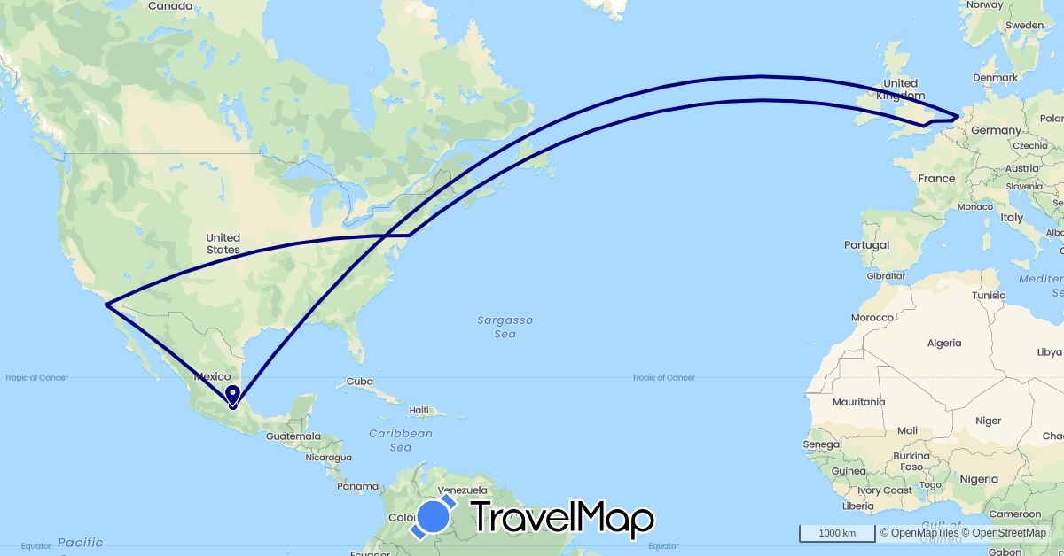 TravelMap itinerary: driving in United Kingdom, Mexico, Netherlands, United States (Europe, North America)